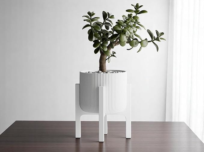 Modern Geometric Planter with Stand – Decorative Indoor Plant Pot with Ridged Top & Smooth Bottom, Stylish Planter for Succulents, Herbs, Small Plants (White - Ridges only and Stand)