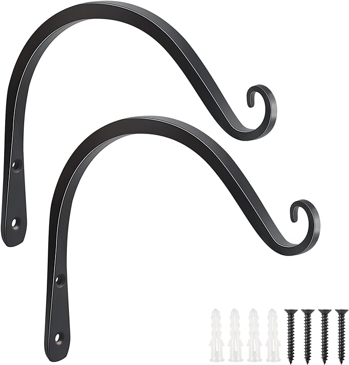 FEED GARDEN Heavy Duty Plant Hooks - 2 Pack 8 Inch Wall Mounted Hanging Brackets, 44lb Capacity Steel Plant Hangers for Bird Feeders, Baskets, Wind Chimes - Black