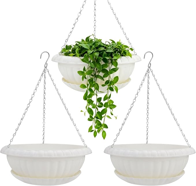 summer flower 3 Pack Large Hanging Planters 12.59in Plastic Plant Pots with Drainage Holes & Trays for Indoor Outdoor Garden Wall Window Decor (White)