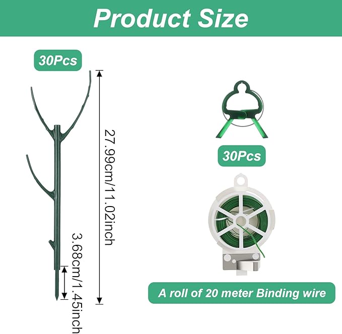 30-Pack Plant Support Stakes with 30Pcs Clips & 1Pc Ties, Stackable Garden Trellis Climbing Poles & Tall Plant Sticks for Indoor Outdoor Potted Plants
