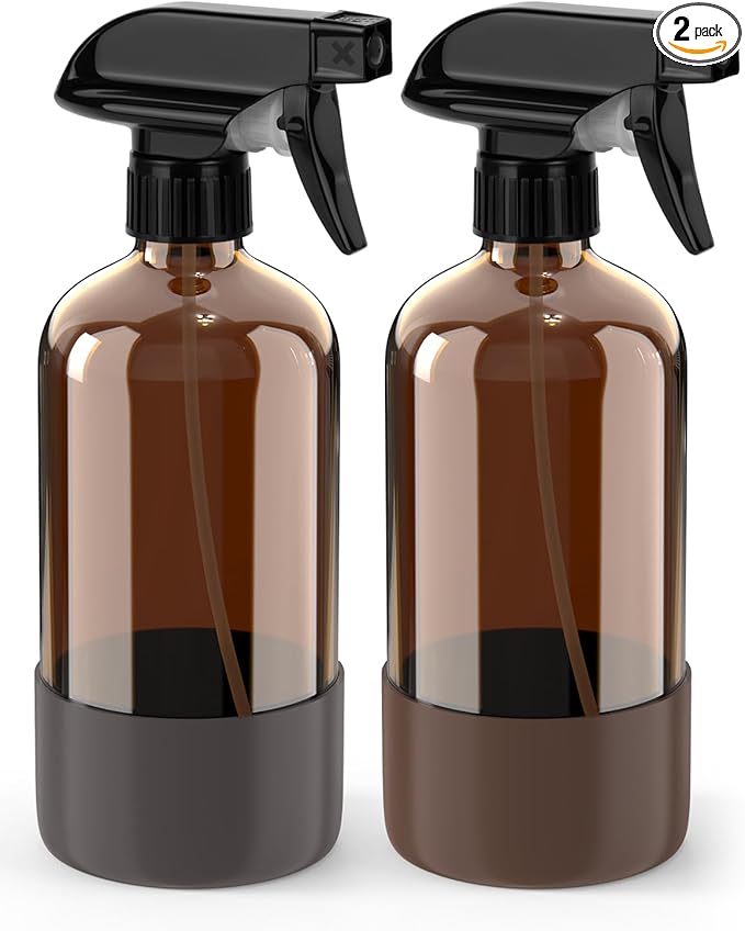 Bontip Glass Spray Bottle with Silicone Sleeve Protection, Amber Glass Spray Bottle Set for Window Cleaner Aromatherapy Facial Hydration Watering Flowers Hair Care 2 Pack/16 oz (Brown & Grey, 16 oz)
