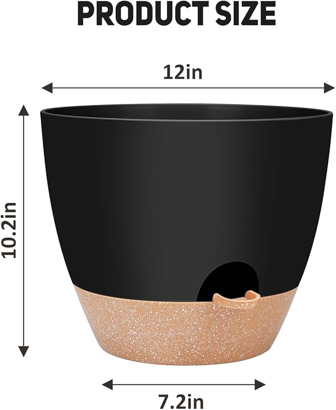 YNNICO 12 inch Large Self Watering Plant Pots, Flower Pots Planters with Multi Mesh Drainage Holes for Indoor Outdoor Garden Plants and Flowers.（Black）