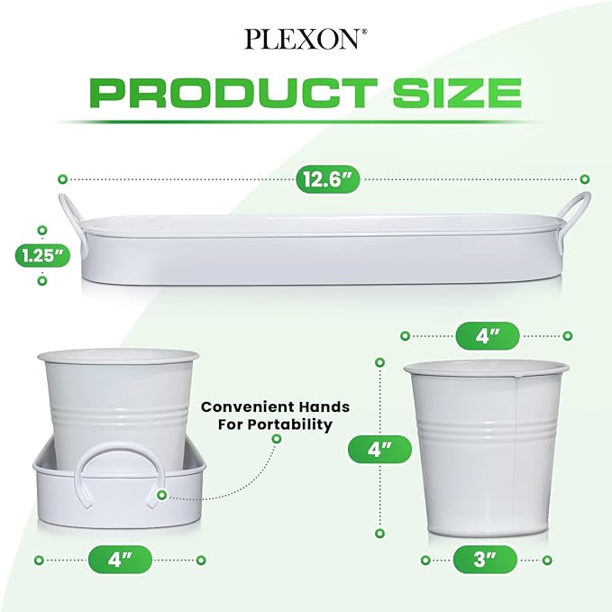 Plexon Herb Planter Indoor Garden Set of 3 with Tray, Metal Herb Pots for Indoor Plants, Round Kitchen Garden Kit Ideal for Windowsill Planter or Countertop, White Powder Coated