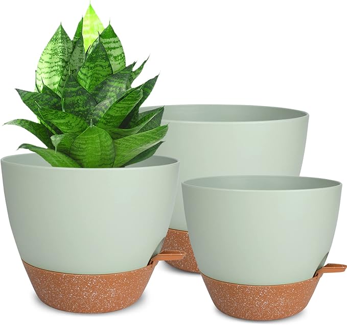 Vanslogreen Planters for Indoor Plants, 10/9/8 Inch Self Watering Plant Pots with Drainage Hole, Plastic Planters Flower Pots for Indoor Outdoor Plants (Green)