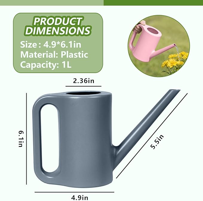 Plastic Watering Can - for Indoor and Outdoor Home Garden Plants - with Long Spout - Grey - 1/4 Gallon