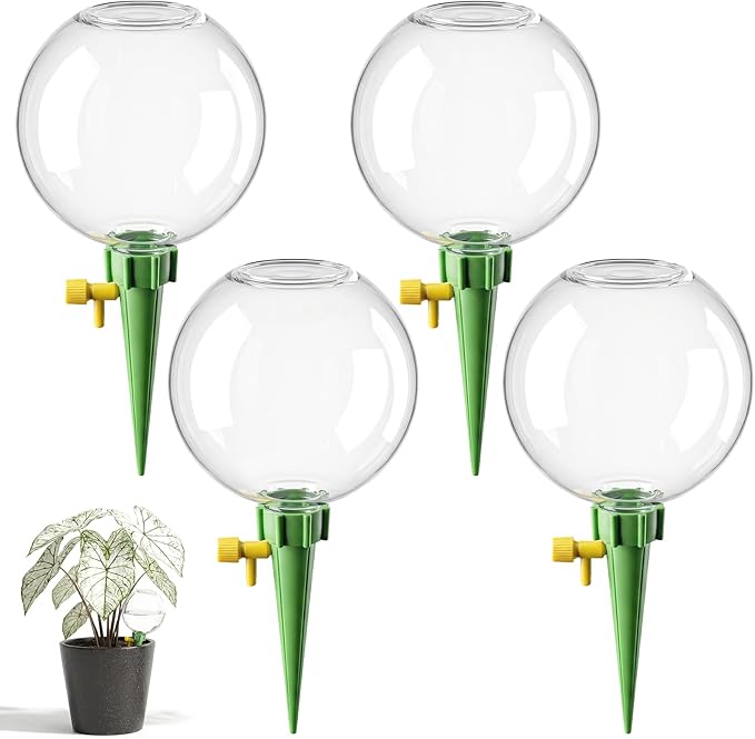 4-Pack Self Watering Globes with Covers – Automatic Plant Watering Bulbs, Slow-Release Irrigation Spikes for Indoor/Outdoor Potted Plants, Vacation Watering System, Top-Fill, Fits Most Pots