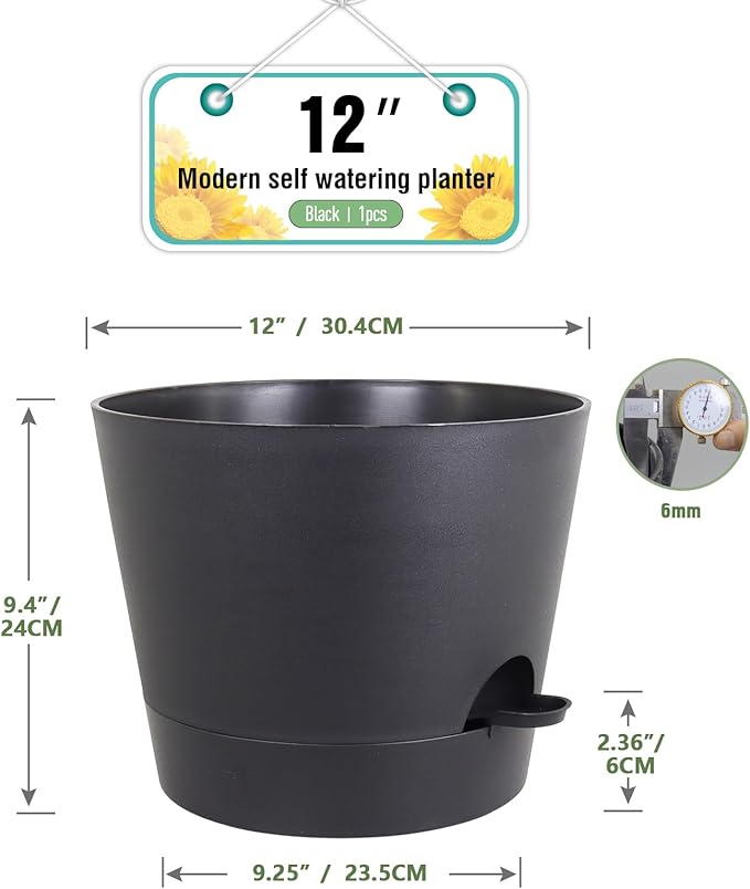 Meowell 12 inch Large Self Watering Pots for Indoor Outdoor Plants, Flower Plant Pots with Mesh Drainage Holes for Garden House Plants, Plastic Planters with Reservoir for Home Decor, Black