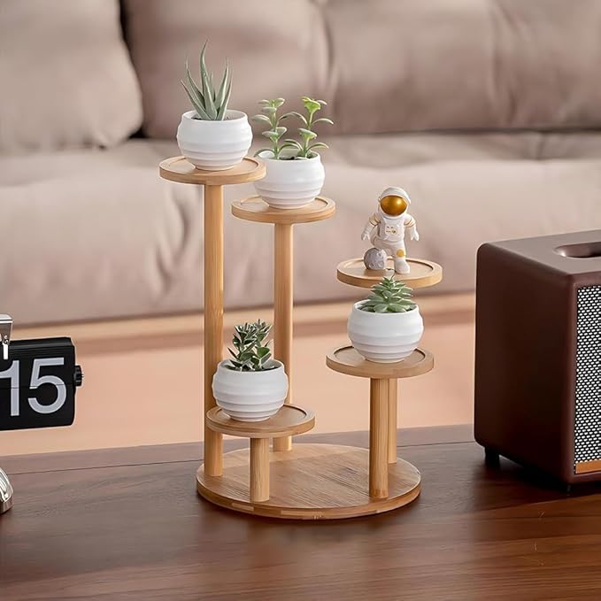 5 Tiered Desk Plant Stand Round Bamboo Plant Shelf Tabletop Succulent Herb Stand Desktop Plant Stand Indoor Plant Rack for in Living Room Office Decoration - Large