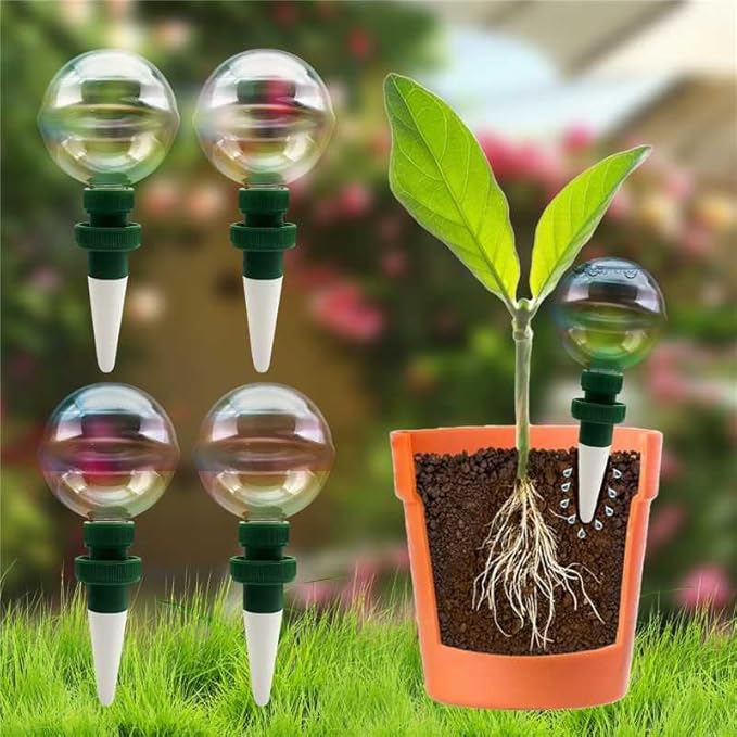 4 Pack Glass Self-Watering Globes for Plants, 6oz Automatic Plant Waterer Bulbs with Terracotta Slow Release Spikes, Vacation Indoor Outdoor Houseplant Watering Devices