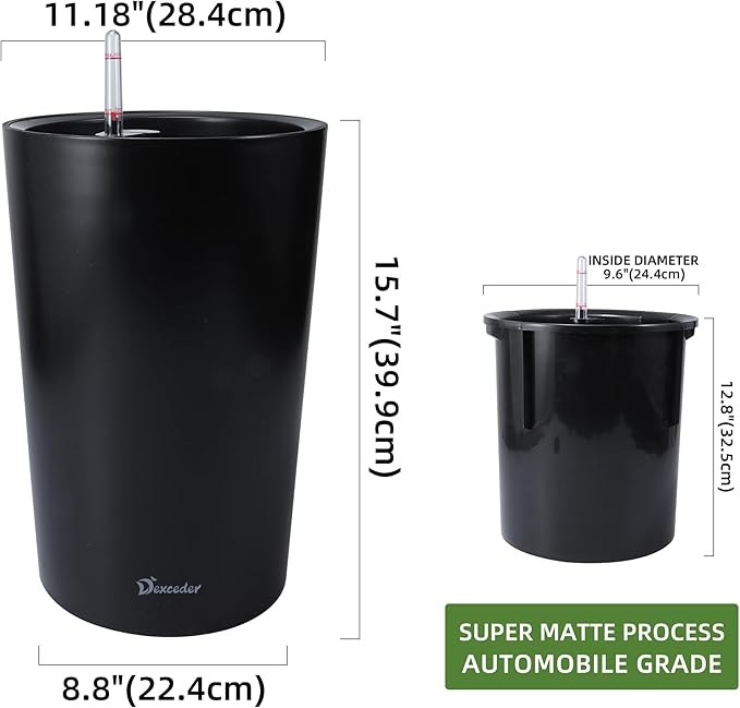 Dexceder 16x12 Tall Self Watering Planter High Cylinder Indoor Outdoor, Thickened Large Floor Standing Flower Plant Pot with Water Level Indicator (Black Matte)