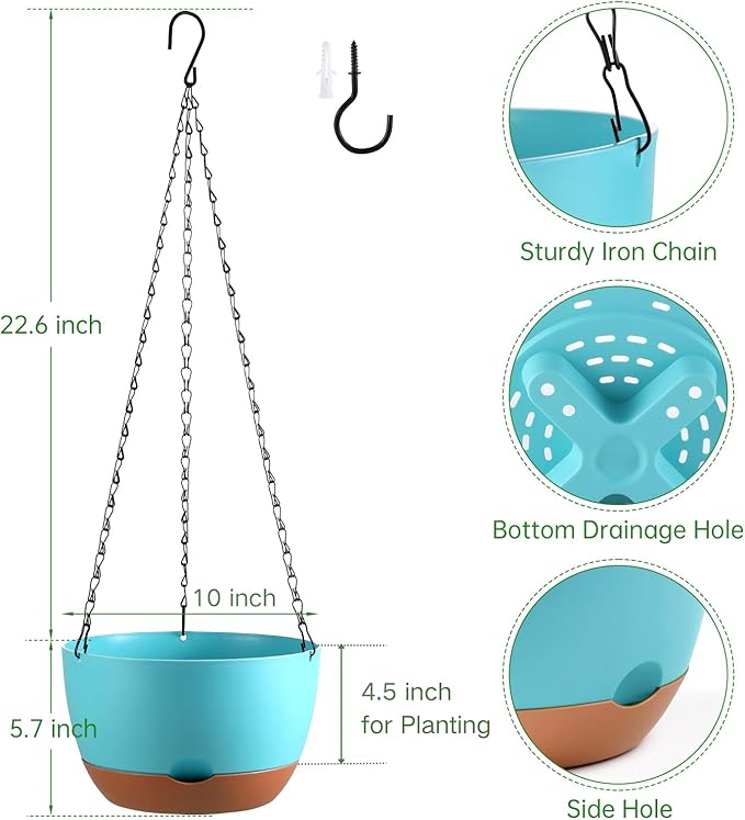 Set of 2 Hanging Planters for Indoor Outdoor Plants, 10 Inch Self-Watering Hanging Flower Pots with Drainage Hole & Removable Water-Storage Tray (Hooks)