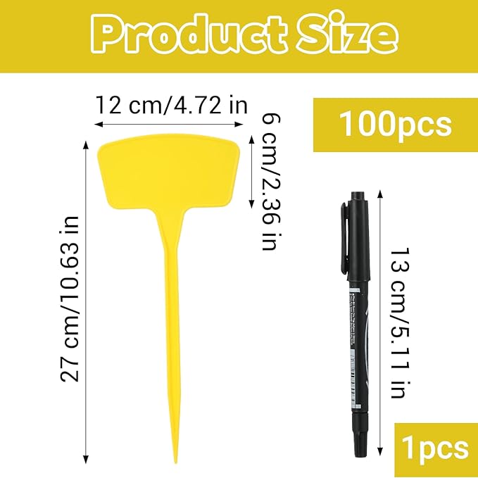 100 Pcs Plant Labels, Garden Markers Signs with Pen, 10.62" Large Plastic Plant Tags Waterproof T-Type Tags, Durable Nursery Garden Markers for Outdoor Indoor Potted Plants Flowers Seeds (Yellow)