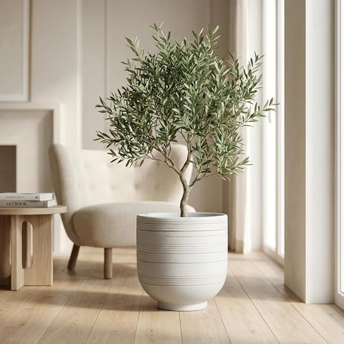 HERDUK Large White Ceramic Planter for Indoor Trees, Modern Indoor Floor Planter Pot for Olive Trees & Faux Olive Trees, Pottery Planter with Drainage for Real Plants