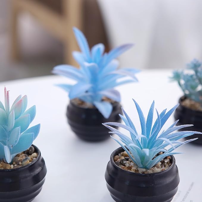 GREENTIME 6 Pcs Blue Artificial Succulent Plants in Mini Black Plastic Pots Small Fake Succulent Plant Faux Indoor Decor Bedroom Desk Bathroom Office Living Room Table Shelf Home Decoration