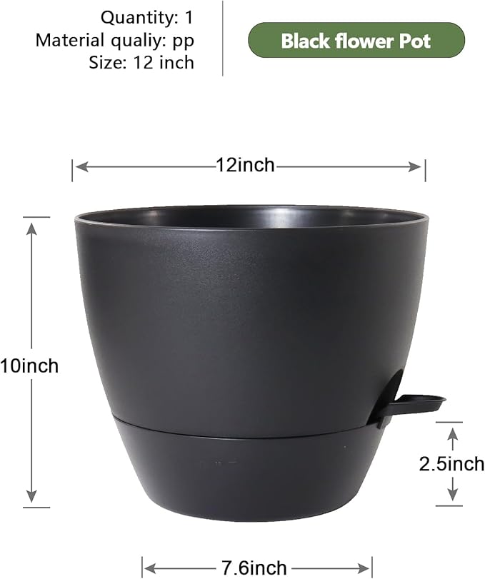 WSMKSZ 12 inch Large Self Watering Pots, Flower Plant Pots with Multi Mesh Drainage Holes for Indoor Outdoor Garden Plants and Flowers, Plastic Planters with Removable Deep Reservoir, Black