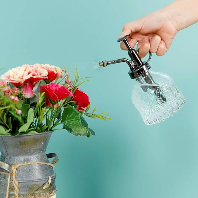 Hniuyun Glass Plant Mister Spray Bottle, 6.4 All Vintage Plant Spritzer Watering Can, Bronze Plastic Top Pump, Plant Mister Glass Watering Garden Tool (Clear)