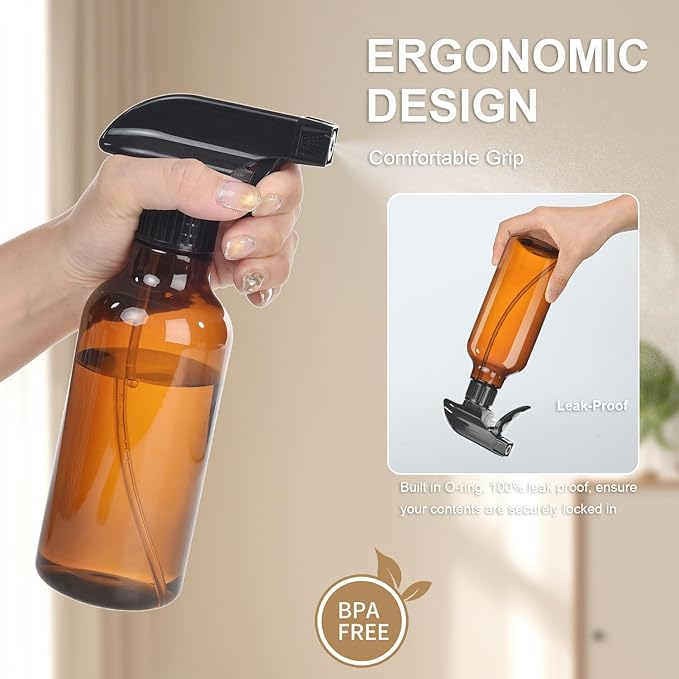 Uineko Spray Bottles 2-Pack, 10 Oz, Mist & Stream, Heavy Duty Spraying Empty Water Sprayer Bottle, BPA Free Plastic Refillable Containers for Cleaning Solutions, Plants, Hair, Essential Oils (Amber)