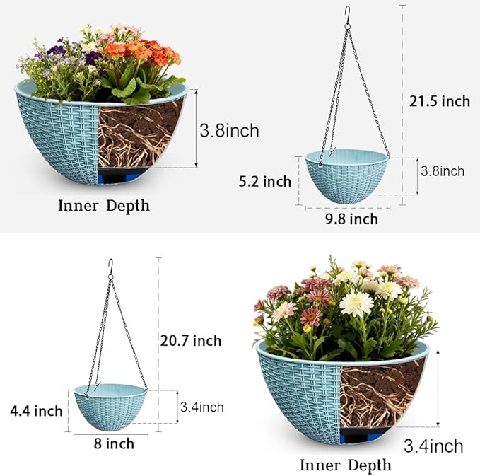 RooTrimmer Hanging Planters for Outdoor Plants 8/10 Inch, 4 Packs Hanging Flower Pot Indoor with Drainage Holes, Self-Watering Hanging Basket Perfect for Home, Office and Garden (Sky Blue)