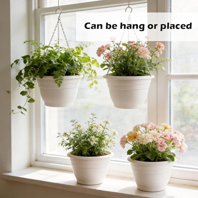 RooTrimmer Hanging Planters 10 Inch, 4 Pcs Flower Pots with Drainage Hole, Self Watering Hanging Basket for Indoor Outdoor Plants, Decor, White