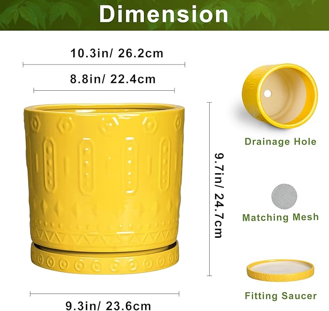 Eightpot Ceramic Pots for Plants, 10 Inch Plant Pot with Drainage Holes and Tray, Round Planter for Indoor Outdoor Plants, Modern Decorative Flower Pots, Office Decor, Birthday Gift for Women, Yellow