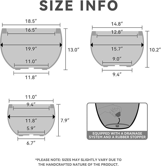 Kante 19.9",15.7",11.8" Dia Round Concrete Planter Set of 3, Outdoor/Indoor Large Bowl Plant Pots with Drainage Hole and Rubber Plug for Garden Patio Balcony Home, Natural Concrete