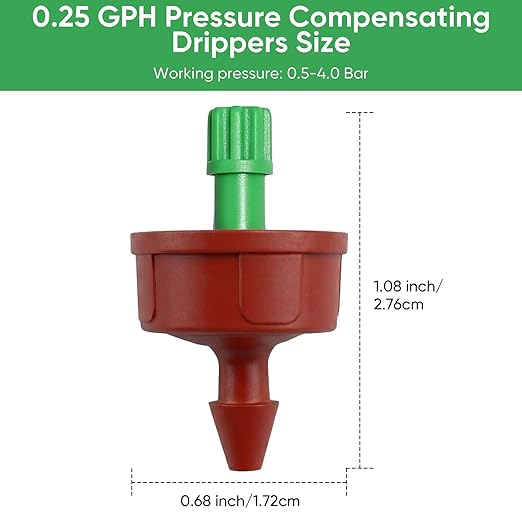 0.25 GPH Pressure Compensating Drippers for Garden System: Self-Cleaning Constant Flow Drippers for 1/4 Inch Drip Irrigation Tubing - Drip Irrigation Emitters for Drip Irrigation System Users (30pcs)