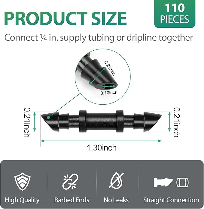 RedChili Drip Irrigation Universal 1/4" Barbed Coupling Fitting, 110 Pieces Drip System Parts Double Barbed Coupler Connectors Fits 1/4-Inch Drip Tubing Irrigation for Drip Line Connection
