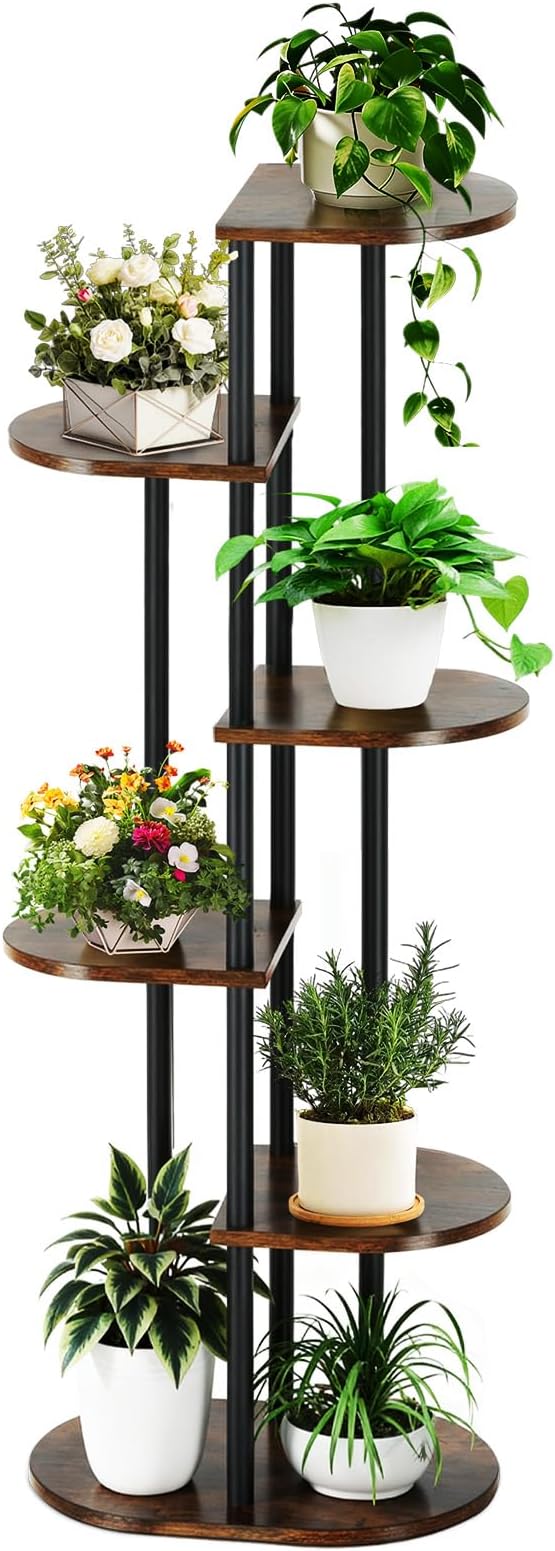 Tiered Plant Stand Indoor, Tall 6 Tier 7 Potted Wooden Plant Shelf for Multiple Flower Plants, Multi Corner Metal Plant Holder Indoor for Patio Garden Patent Design Living Room Balcony Bedroom, Rustic Brown