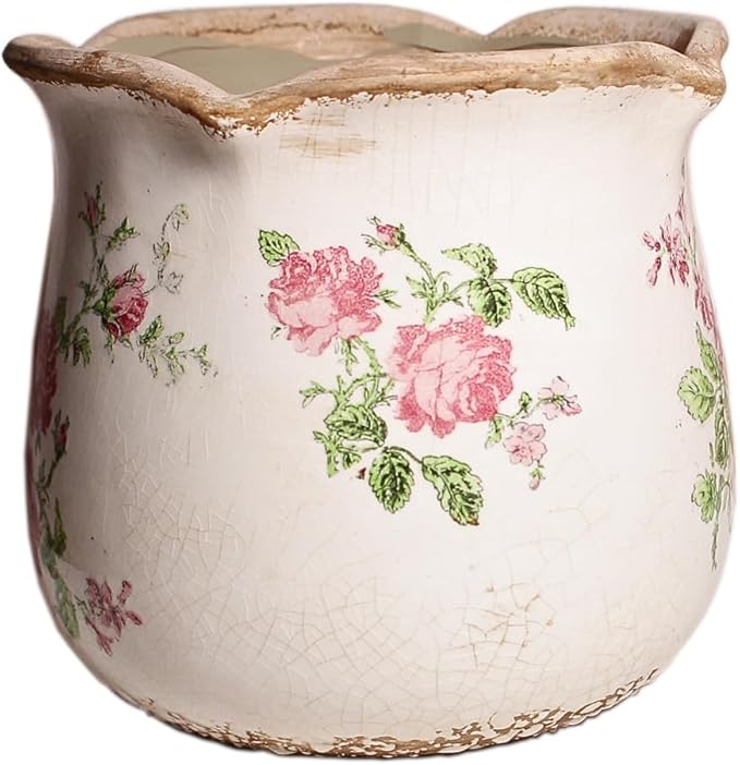 Xiaan Jiaju Shabby Chic Flower Pot, 6.11 Inch Ceramic Planter with Drainage for Indoor Plants, Vintage Ceramic Vase, Country Chic Spring Garden Home Decor, Pink Rose Floral