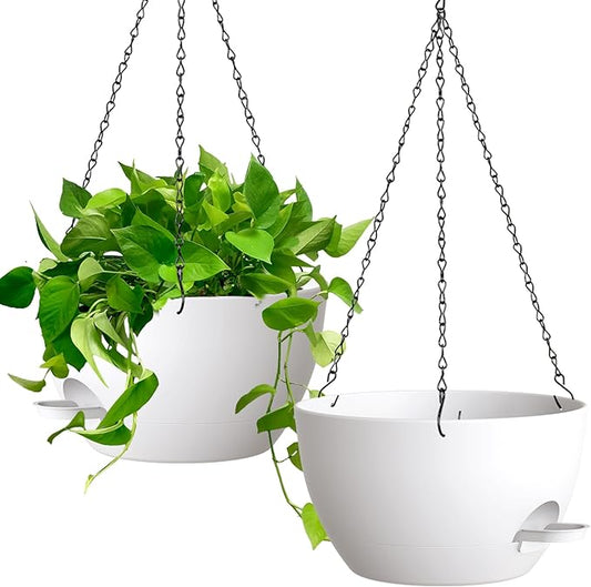 UOUZ 13 Inch 2 Pack Large Self Watering Hanging Planters for Indoor Outdoor Plants, Hanging Plant Pots with Removable 50 Oz Reservoir, Plastic Hanging Basket for Window Porch Garden, White