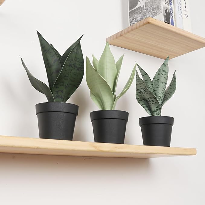 Artificial Snake Plant Artificial Sansevieria Floor Plant Desk Small Fake Plant for Indoor Home Office Decor,Realistic Potted Greenery,10inch (Three pcs.Dark Green,Dark Gary,Light Green)