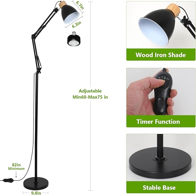 HMVPL Grow Lights for Indoor Plants Full Spectrum, Plant Lights for Indoor Growing with 20W COB Grow Light Blub, 4/8/12H Timer, Standing Tall Grow Lamp for Middle Large Plants(75'', Height Adjustable)