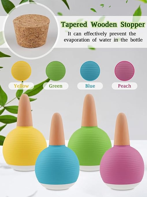 Plant Watering Globes Set of 4, Large Terracotta Automatic Watering Stake Devices with Wooden Stopper for Pots, Planters, Indoor, Outdoor