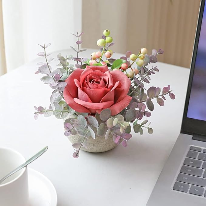 Small Artificial 2pcs Pink Rose Potted Plant, 6" Fake Silk Flowers in 3.5" Round Pot, Mini Faux Floral Arrangement for Desk Shelf Bathroom Decor