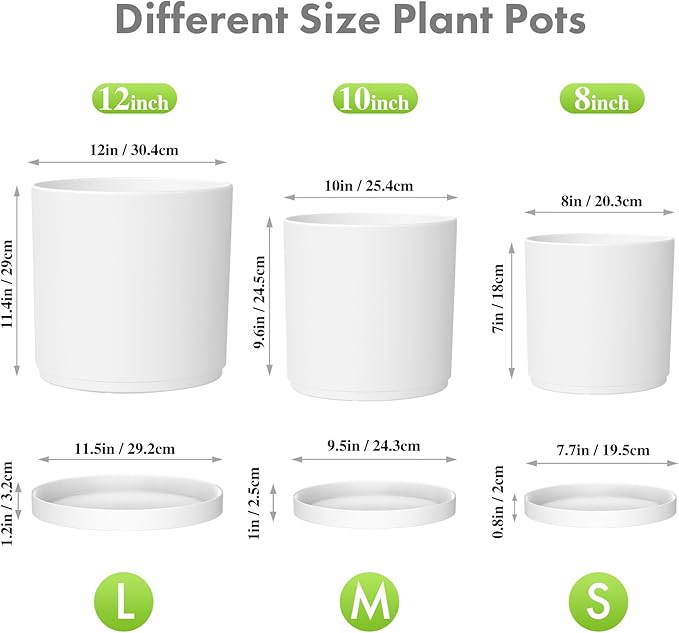 Meowell 12/10/8 inch Large Plant Pots, 3 Pack Deep Cylinder Flower Pots for Outdoor Indoor Plants, Tall Plastic Planters with Drainage Holes and Saucers for Garden House Plants, White