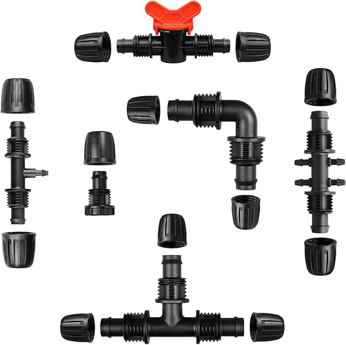 Drip Irrigation Fittings Kit for 1/2 Inch Drip Tubing, 20 Pieces Set 1/2'' Drip Line Anti-Drop Barbed Locked Nut Connectors - 4 Tees 4 End Caps 3 Valves 2 Elbows 7 Reducing Tee Connectors