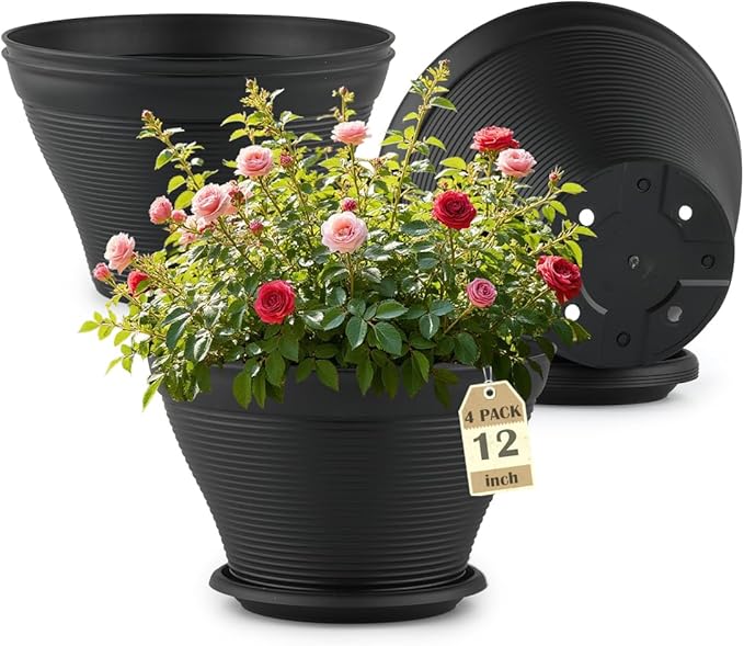 RooTrimmer 4 Pack 12 Inch Plant Pots with Saucers, Plastic Flower Pots with Drainage Holes, Large Planters for Indoor Outdoor Garden, House Plants, Flowers, Herbs, Gardening Gifts, Black