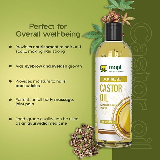 MAPL Castor Oil 6.76 Fl Oz (200 ml) – Organic Arandi Oil for Hair, Skin, Eyebrows & Eyelashes – Cold-Pressed, Unrefined & 100% Natural Superfood – Traditional Indian Hair Care, Food Grade & Edible