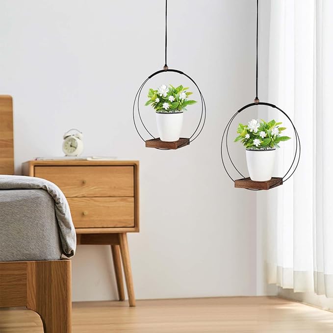 COM4SPORT 2 Pack Hanging Planters for Indoor Plants, Black Metal Plant Hanger with Wood Base Boho Hanging Plant Holder for Window,Room,Balcony Decor