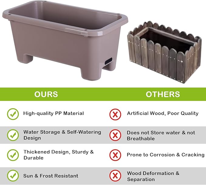Oliz Self-Watering Rectangle Planter Boxes 8-Pack, 15.7-Inch Window Box Planter with Drainage Holes & Trays, Pots for Vegetables, Herbs, Flowers, Garden Windowsill Balcony (Coffee)