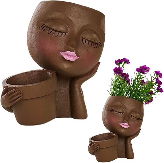 Lady Face Resin Planter Pot - Dual Planting Spaces & Drainage Holes, Indoor/Outdoor Decor for Succulents/Cactus - Unique Gift for Plant Lovers (Brown)