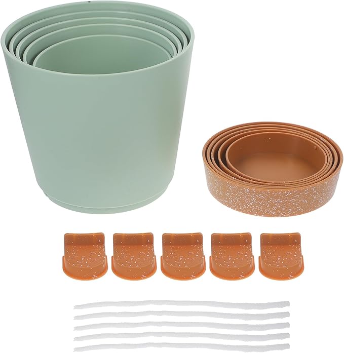 GANAZONO 5pcs Self Watering Planter Pots Set for Indoor Balcony Garden, Plastic Flower Containers with Detachable Clips, Automatic Watering Succulent Planters in Green
