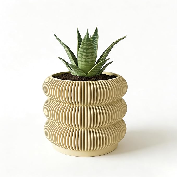 Modern 3D Printed Planter Pot, Minimalist Ripple Design, Lightweight PLA Material, Round Shape with Drainage and Saucer, for Succulents and Indoor Plants (Wood, 4.7")