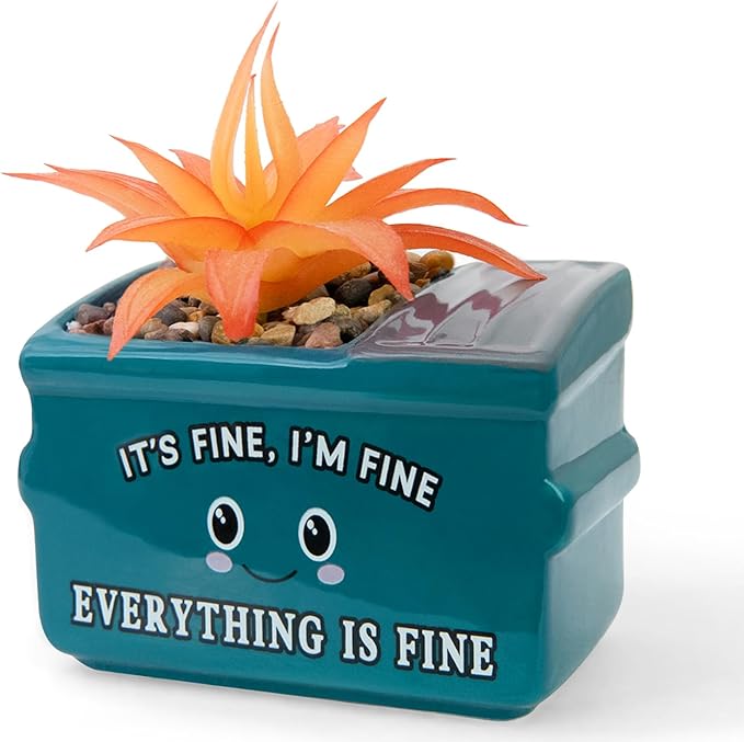 Dumpster Fire Fake Plants in Ceramic Succulent Pots Desk Decor, Emotional Support Positive Thinking Office Desk Accessories, Motivational Gifts for Women, Men, Coworkers