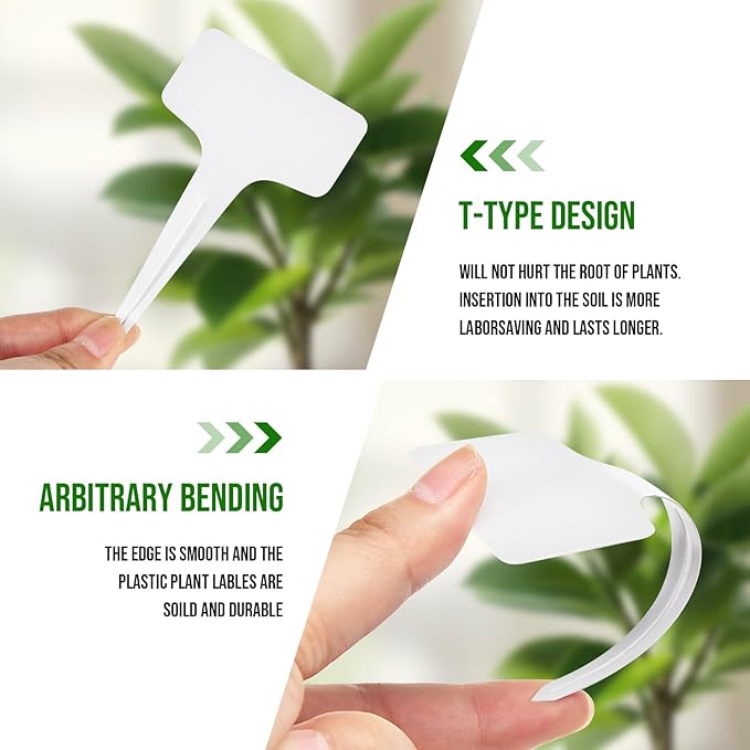 Plant Labels 200 Pcs Yuanling T-Type Plastic Garden Tags Waterproof Plant Sign Stakes Nursery Garden Makers for Seedlings Flower Vegetables Herb Potted Belt Permanet Marker Pen (White)
