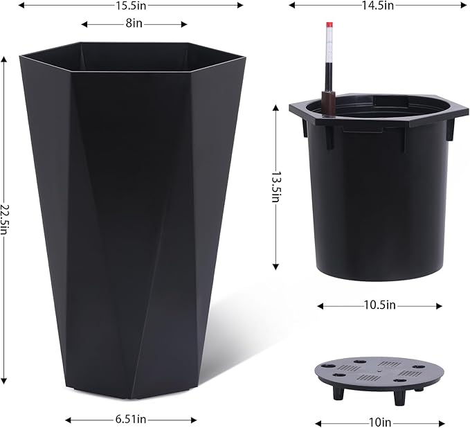 GarveeLife 22.5 in Tall Diamond Planters Set of 2, Self Watering Planters with Water Level Monitor, Flower Pots Outdoor and Indoor for Patio, Porch, Living Room, Home Office, Black