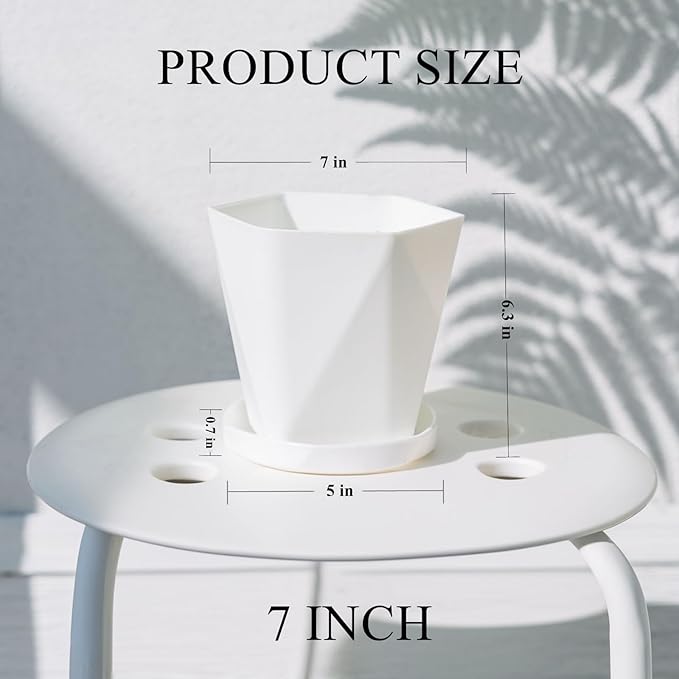 InmeRun Plant Pots Indoor Plastic Flower Pots Outdoor 7 inch Set of 6 Pack with Drainage Holes and Saucers for Garden Pots (7 in 6 White)