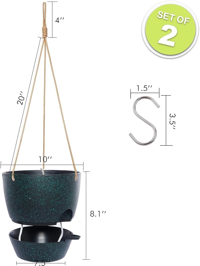 SwinDuck 10 Inch Self Watering Hanging Pots, 2 Pack Hanging Planters with 40oZ Deep Reservior for Indoor Outdoor Plants Flowers, Black Speckles