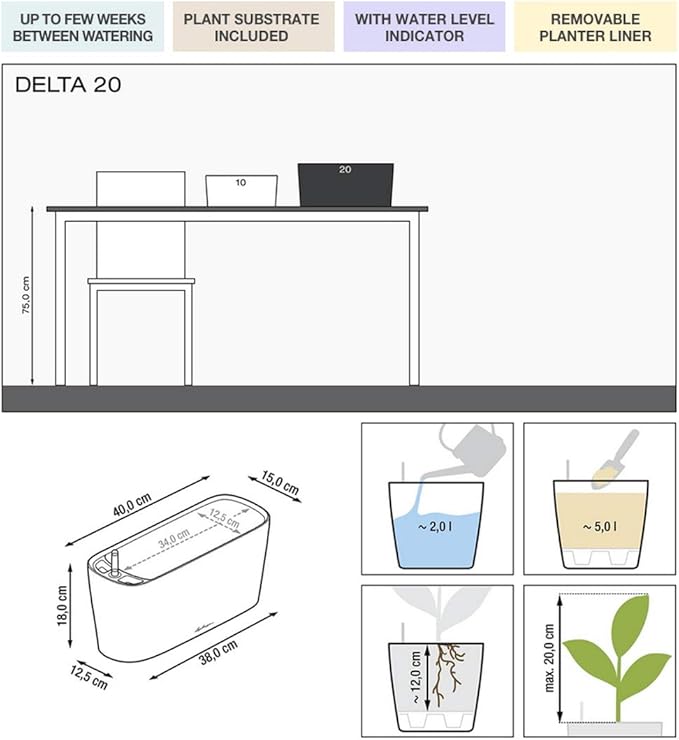 Lechuza Delta 20 Cream White High Gloss, Self-Watering Planter Indoor, H7.1 L15.7 W5.9 in