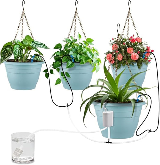 RooTrimmer Hanging Planters 10 Inch, 4 Pcs Flower Pots Automatic Watering System Set, Self Watering Hanging Basket with Drainage Hole for Indoor Outdoor Plants, Decor, Blue